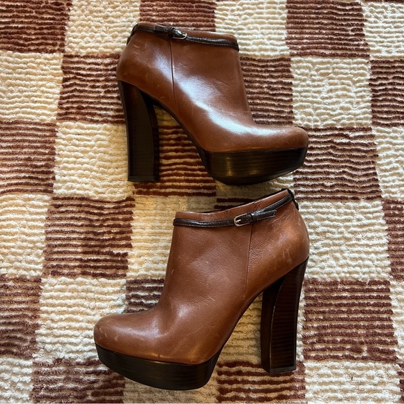 Y2K Guess Brown Leather Wood Zip Up Heeled Platform Ankle Boots Booties Fall - Picture 2 of 7